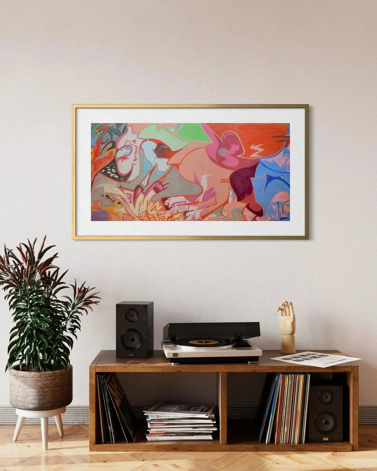Birth of a Superhero Birth of a Superhero, a framed limited edition print of an abstract pastel by Ian James Roche, hanging above a record player