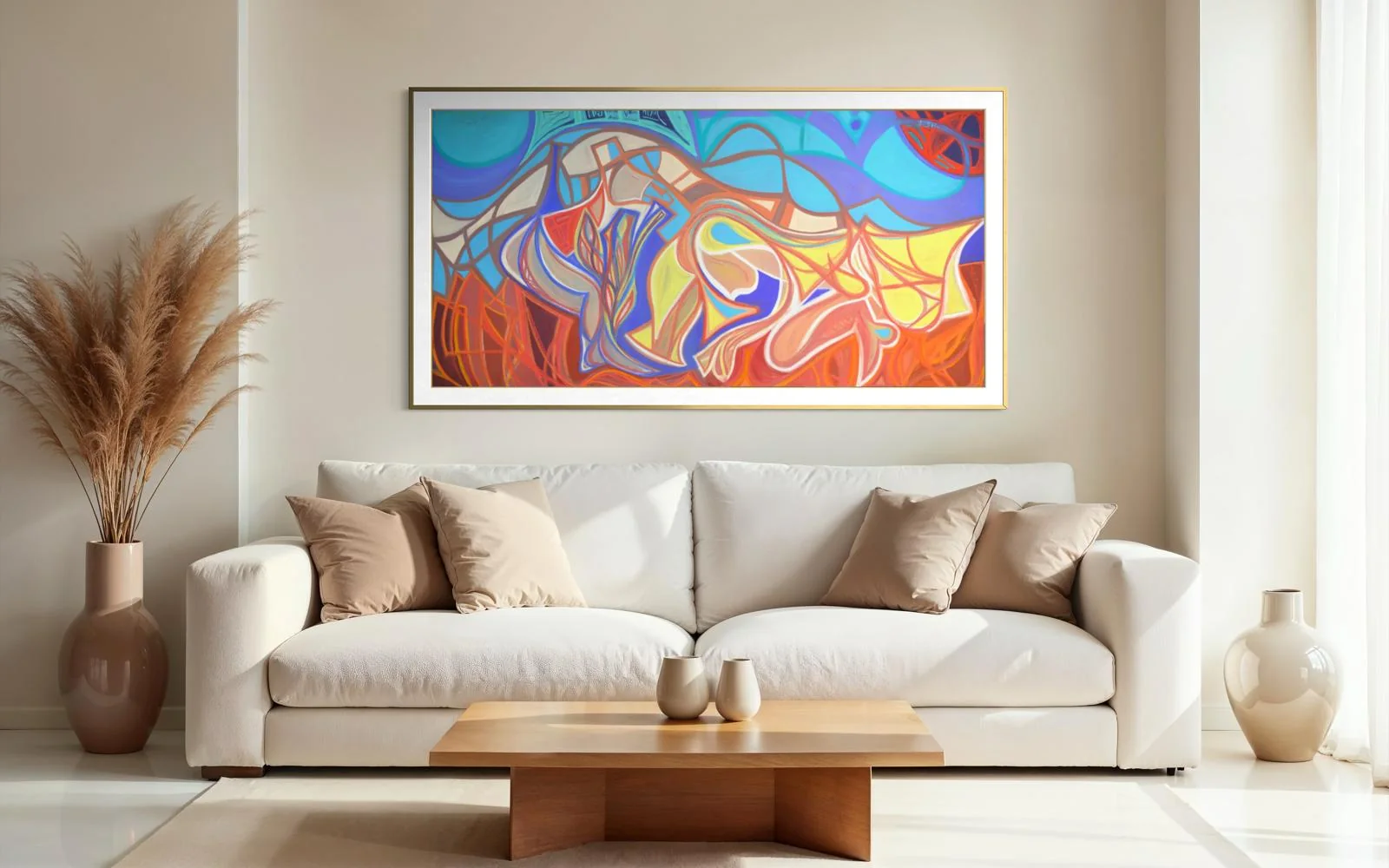 Intimacy Eclipso Intimacy Eclipso, a framed limited edition print of an abstract pastel by Ian James Roche, hanging above a white sofa in a bright living room