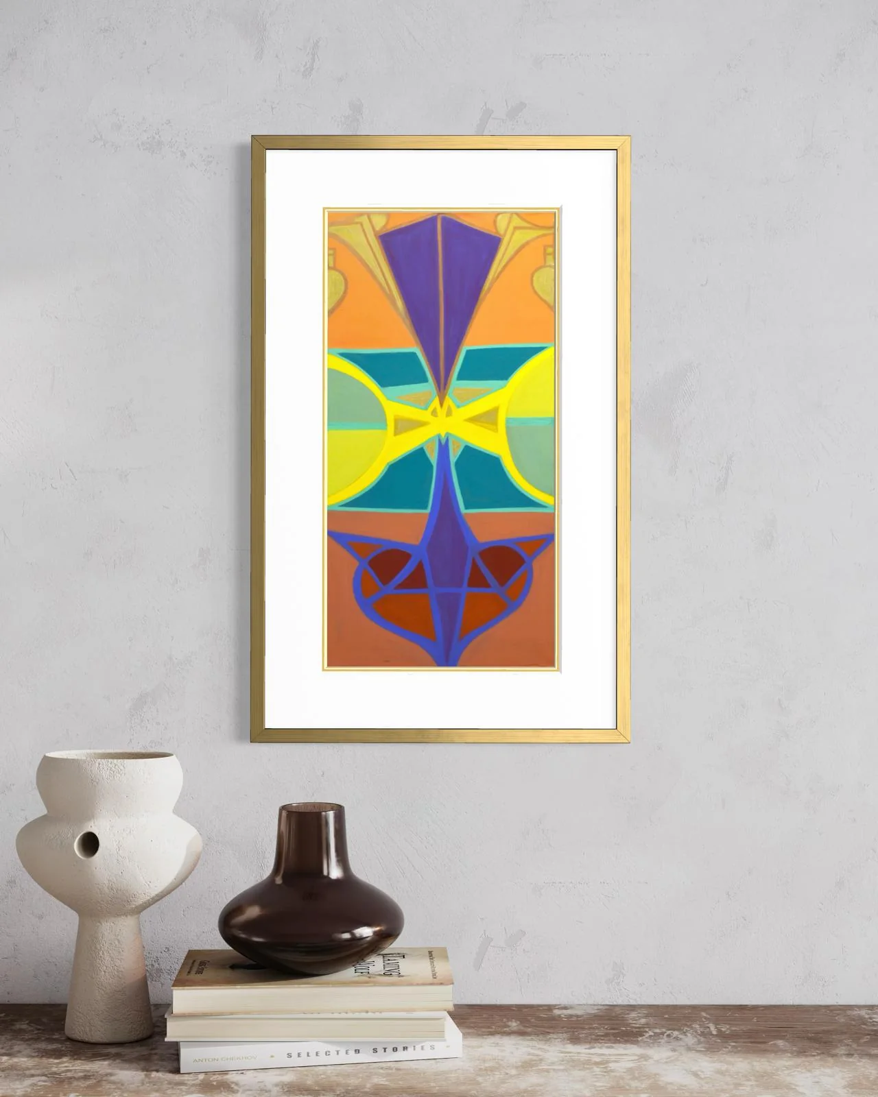 Worthy Worthy, a framed limited edition print of a symmetrical abstract pastel in orange, violet and yellow by Ian James Roche